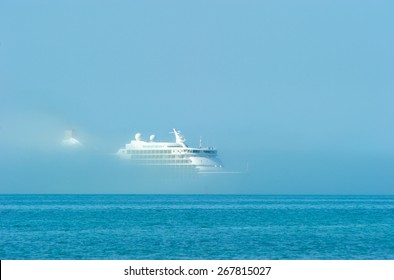 A Cruise Ship Emerging From The Fog In Key West, USA