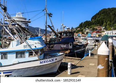 Cruise Ship, Fishing Boats And Town, With Clear Blue Sky Overhead, Pretty Alaskan Town Of Ketchikan, Alaska, USA 09.05.17