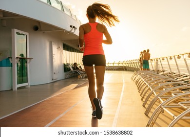 Cruise Ship Fitness Exercise Woman Run Jogging On Running Tracks On Deck Of Boat. Caribbean Travel Vacation Lifestyle.