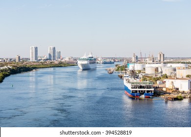 Cruise Ship Leaving Tampa Bay Industrial Area