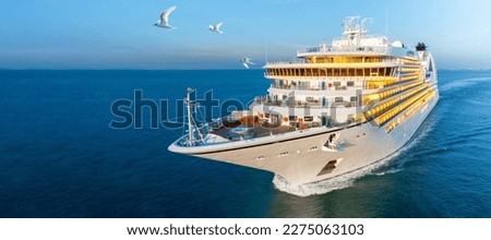 Cruise Ship, Cruise Liners beautiful white cruise ship above luxury cruise in the ocean sea at early in the morning time concept exclusive tourism travel on holiday take a vacation time on summer