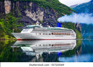Cruise Ship, Cruise Liners On Geiranger fjord, Norway