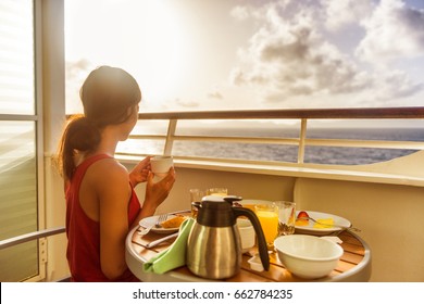 Cruise Ship Luxury Travel Woman Eating Breakfast From Room Service On Suite Balcony Enjoying Morning View Of Caribbean Ocean. Summer Sailing Vacation Lifestyle People Drinking Coffee.