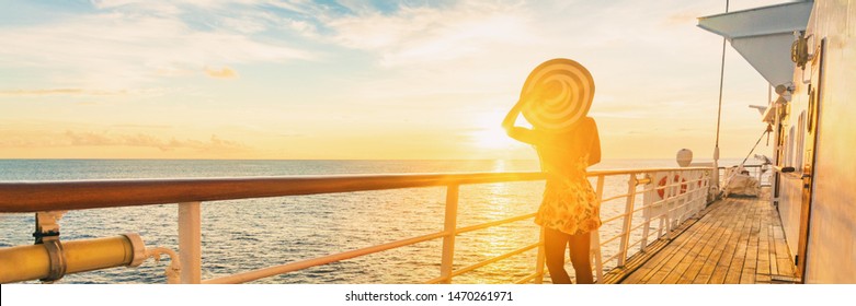 Cruise Ship Luxury Vacation Travel Elegant Woman Watching Sunset Over Caribbean Sea On Deck Boat Summer Tourist Destination Panoramic Banner.