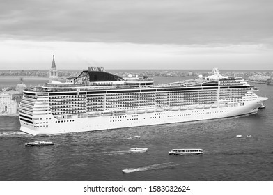 Cruise Ship Navigating Along Venice Canals, Aerial View In Infrared, Italy