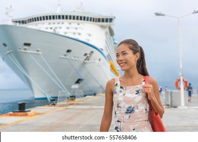 Cruise Ship Passenger Leaving Boat For Shore Excursion In Harbour. Asian Woman Tourist Spending A Day In Port Of Call Of Caribbean Travel Destination.