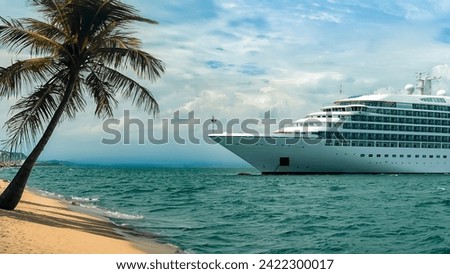 Cruise ship sailing on the ocean under the cloudy sky.