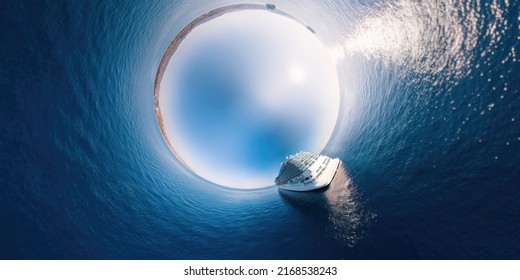 Cruise Ship Sailing To The Sky. Stereographic Projection