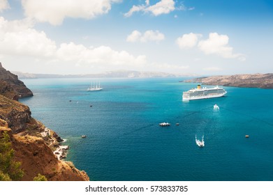 Cruise Ship At The Sea Near The Greek Islands. Santorini Island, Greece.