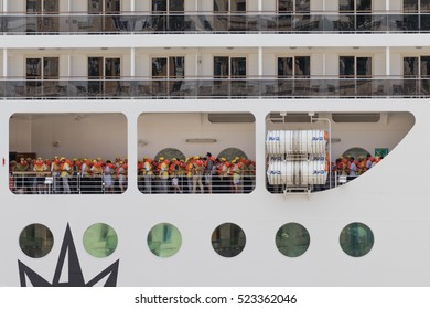 Cruise Ship Staff Carry Out An Emergency Liner Evacuation Drill, Grand Harbour, Valletta, Malta, September 2016