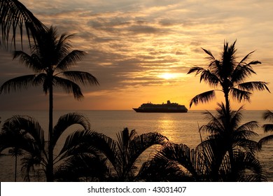 Cruise Ship At Sunset In Hawaii