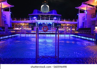 Cruise ship swimming pool at night