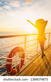 Cruise Ship Vacation Woman Enjoying Travel Vacation At Sea. Free Carefree Happy Girl Looking At Ocean With Open Arms In Freedom Pose.