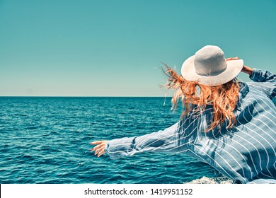 Cruise Ship Vacation Woman Enjoying Travel Vacation At Sea. Free Carefree Happy Girl Travel At Ocean Or Sea.
Woman On A Yacht Enjoying The Beautiful Vacation.