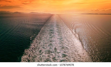 Cruise Ship Wake In The Mediterranean Sea At Sunset, Travel Vacation