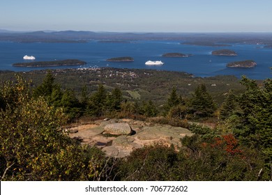 Cruise Ships And The Casco Bay Islands In Maine. Taken From Acadia National Park.