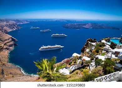 Cruise Ships In Thira On Santorini Island, Greece