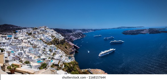 Cruise Ships In Thira On Santorini Island, Greece