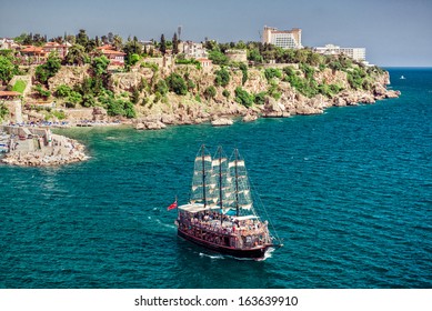 Cruise Touristic Ship  And View Of Antalya City, Turkey