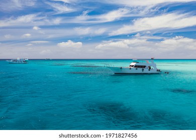 Cruise yacht bow in clear water near a coral reef. Red Sea, Egypt