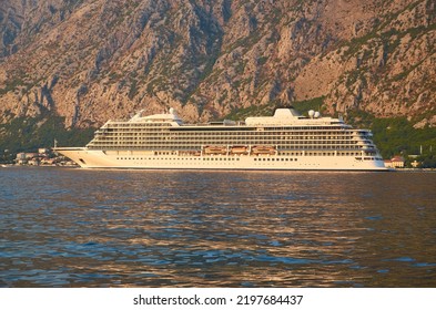 Cruiser On Move In The Bay Of Kotor During A Summer Day