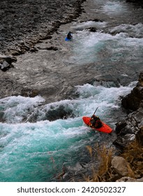 
Cruising with canoe, White water rafting on the rapids of river Yoshino on January 2024 in OBOKE Canyon, Japan. Yoshino River is one of the most popular among rafters in Japan.