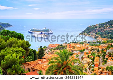 Cruising ships in a lagoon of Villefranche by Nice, France