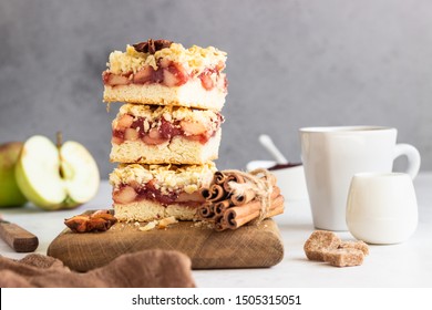 Crumble Cakes With Apple, Red Berry Jam And Spices Filling And A Cup Of Coffee. Autumn Breakfast Or Dessert.