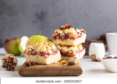 Crumble Cakes With Apple, Red Berry Jam And Spices Filling And A Cup Of Coffee. Autumn Breakfast Or Dessert.