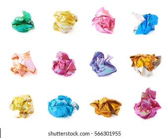 Crumbled ball of colorful origami paper sheet isolated over the white background, set of multiple different foreshortenings and color variations