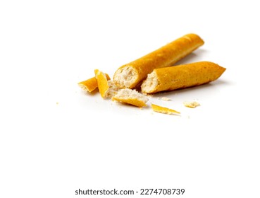 Crumbled Bread Stick Isolated, Broken Salted Breadstick, Crispy Grissini Pieces, Dry Homemade Pretzel Crumbs, Bread Stick on White Background