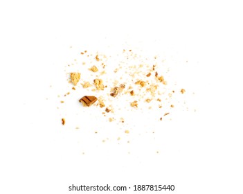 Crumbled chocolate biscuits pieces. Broken butter cookies bites with chocolate coating, soft biscuit crumbs isolated on white background top view - Shutterstock ID 1887815440