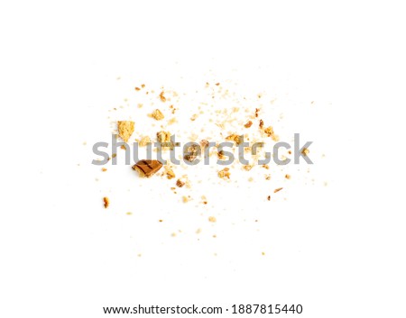 Crumbled chocolate biscuits pieces. Broken butter cookies bites with chocolate coating, soft biscuit crumbs isolated on white background top view