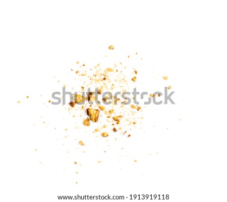 Crumbled chocolate biscuits pieces. Broken butter cookies bites with chocolate coating, soft biscuit crumbs isolated on white background top view