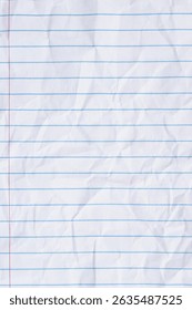 Crumbled lined loose leaf notebook paper background for school, education, journaling, or writing themes