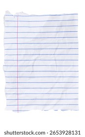 Crumbled lined loose leaf notebook paper ripped rectangle isolated on white for school, education, journaling, or writing themes
