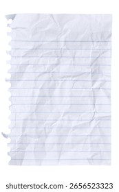 Crumbled lined loose leaf notebook paper ripped rectangle isolated on white for school, education, journaling, or writing themes