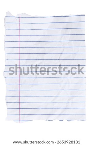 Crumbled lined loose leaf notebook paper ripped rectangle isolated on white for school, education, journaling, or writing themes