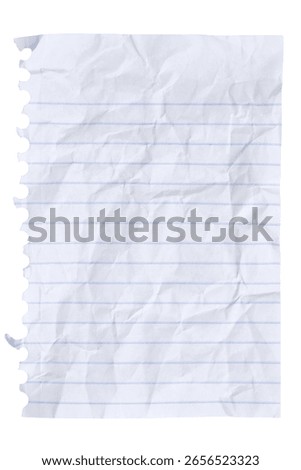 Crumbled lined loose leaf notebook paper ripped rectangle isolated on white for school, education, journaling, or writing themes