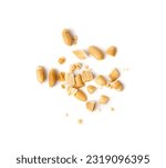 Crumbled Peanuts Isolated, Broken Roasted Arachis Nuts, Heap of Pea Nut Crumbs, Whole Groundnut Pieces, Peanut Fractions Top View on White Background