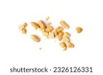 Crumbled Peanuts Isolated, Broken Roasted Arachis Nuts, Heap of Pea Nut Crumbs, Whole Groundnut Pieces, Peanut Fractions Top View on White Background