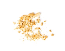 Crumbled Peanuts Isolated, Broken Roasted Arachis Nuts, Heap Of Pea Nut Crumbs, Whole Groundnut Pieces, Peanut Fractions Top View On White Background