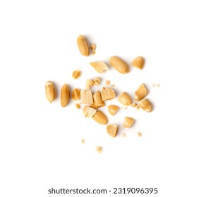 Crumbled Peanuts Isolated, Broken Roasted Arachis Nuts, Heap of Pea Nut Crumbs, Whole Groundnut Pieces, Peanut Fractions Top View on White Background - Shutterstock ID 2319096395