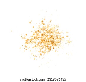 Crumbled Peanuts Isolated, Broken Roasted Arachis Nuts, Heap of Pea Nut Crumbs, Whole Groundnut Pieces, Peanut Fractions Top View on White Background - Shutterstock ID 2319096435