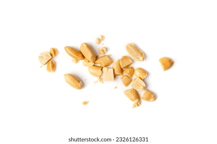 Crumbled Peanuts Isolated, Broken Roasted Arachis Nuts, Heap of Pea Nut Crumbs, Whole Groundnut Pieces, Peanut Fractions Top View on White Background - Shutterstock ID 2326126331