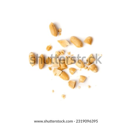 Crumbled Peanuts Isolated, Broken Roasted Arachis Nuts, Heap of Pea Nut Crumbs, Whole Groundnut Pieces, Peanut Fractions Top View on White Background