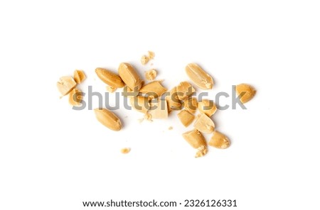 Crumbled Peanuts Isolated, Broken Roasted Arachis Nuts, Heap of Pea Nut Crumbs, Whole Groundnut Pieces, Peanut Fractions Top View on White Background