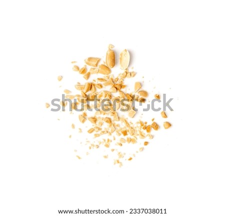 Crumbled Peanuts Isolated, Broken Roasted Arachis Nuts, Heap of Pea Nut Crumbs, Whole Groundnut Pieces, Peanut Fractions Top View on White Background