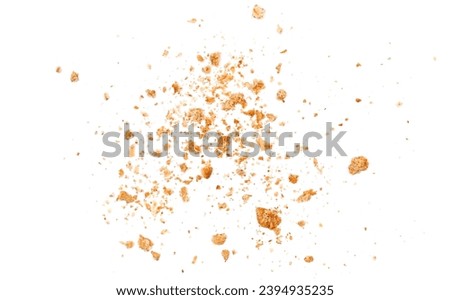 Crumbs integral wholewheat biscuit with oatmeal, cookie flying, isolated on white, top view, clipping path
