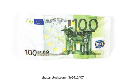Crumpled banknote of hundred euro, photo on white background